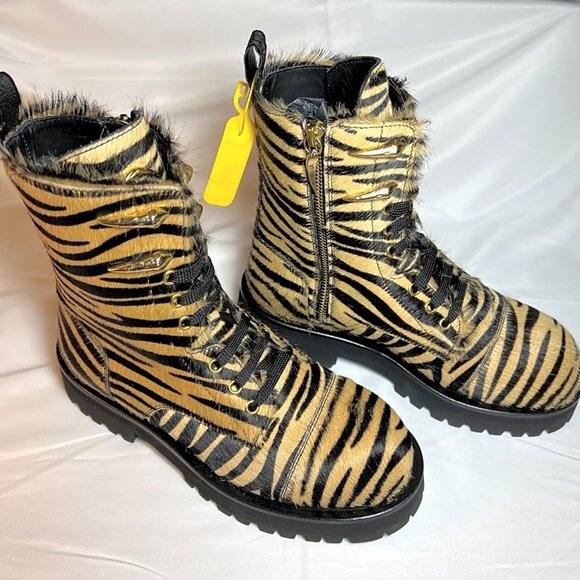 Roberto Cavalli Tiger Print Calf Hair Combat Boots - Picture 4 of 12